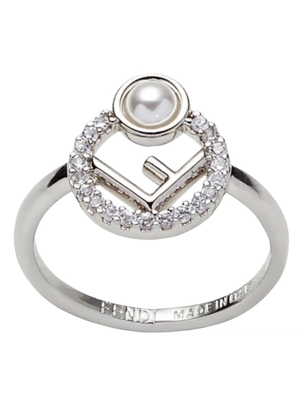 Fendi Silver Pearl & Crystal FF Circle Ring